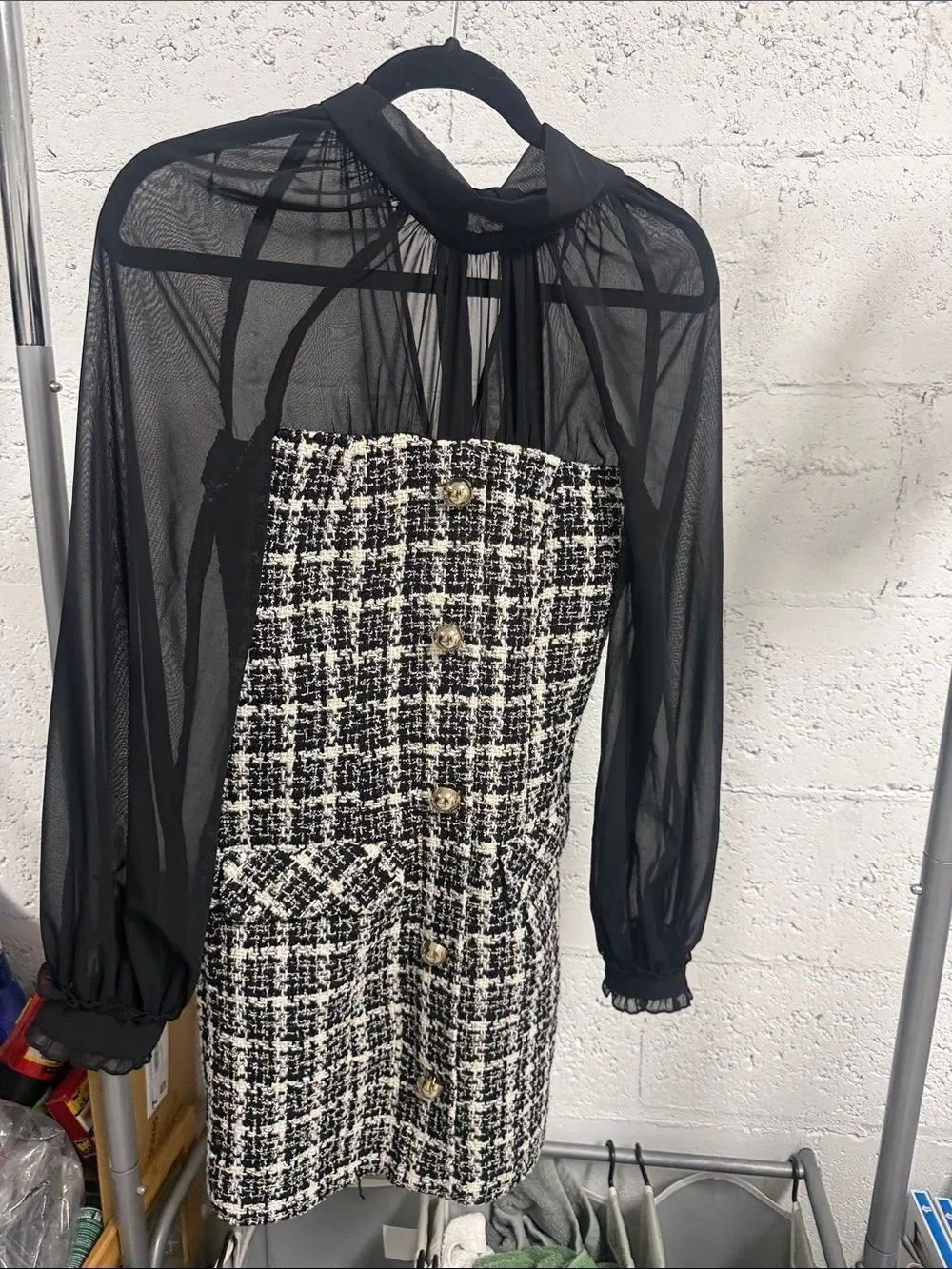 Black Sheer Sleeve Tweed Button-Front Dress ZARA - Size XS Like New Sheer Top